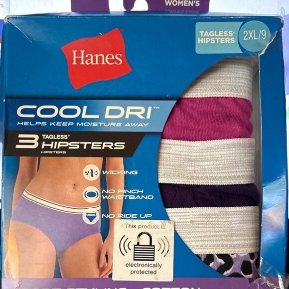 Womens Hanes Tagless Hipsters 3-Pack 2XL/9 Cool DRI Cotton Leopard Purple Pink - Picture 2 of 4